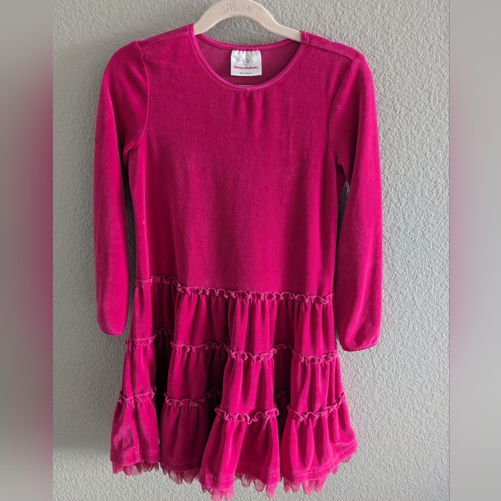 Hanna Andersson velour velvet fuchsia pink ruffle tiered lace dress 130 sz7/8